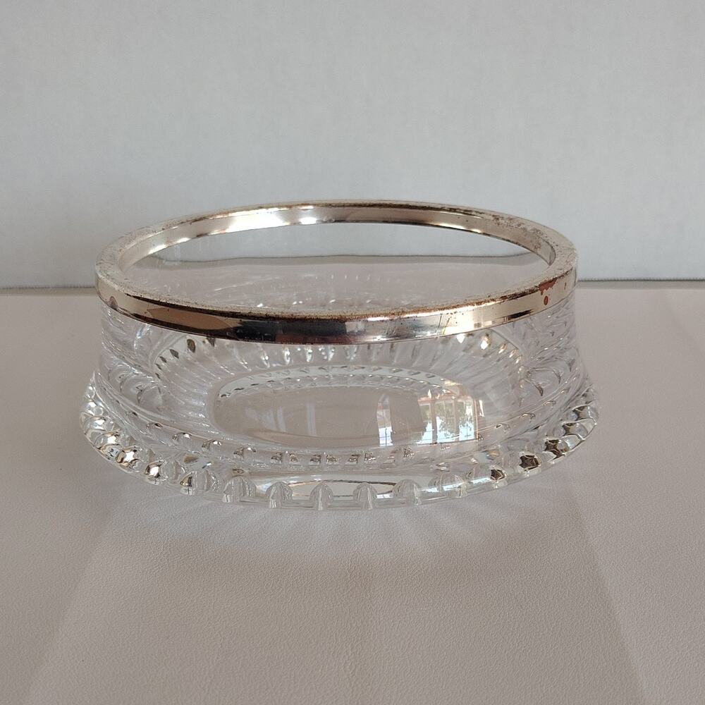 Unmarked Cut Glass Bowl Silverplate Rim Handmade Art Deco Vintage